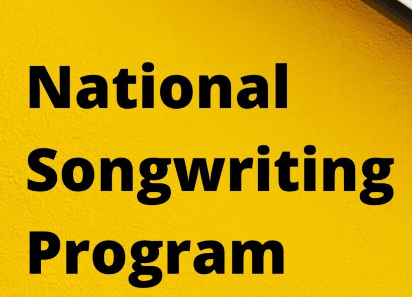 ‘National Songwriting Program’ appears on a yellow background. In the top right corner there is a keyboard. Image credit: Canva.