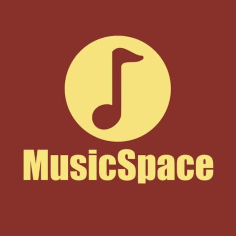 maroon square with a yellow music note in the centre with MusicSpace written underneath