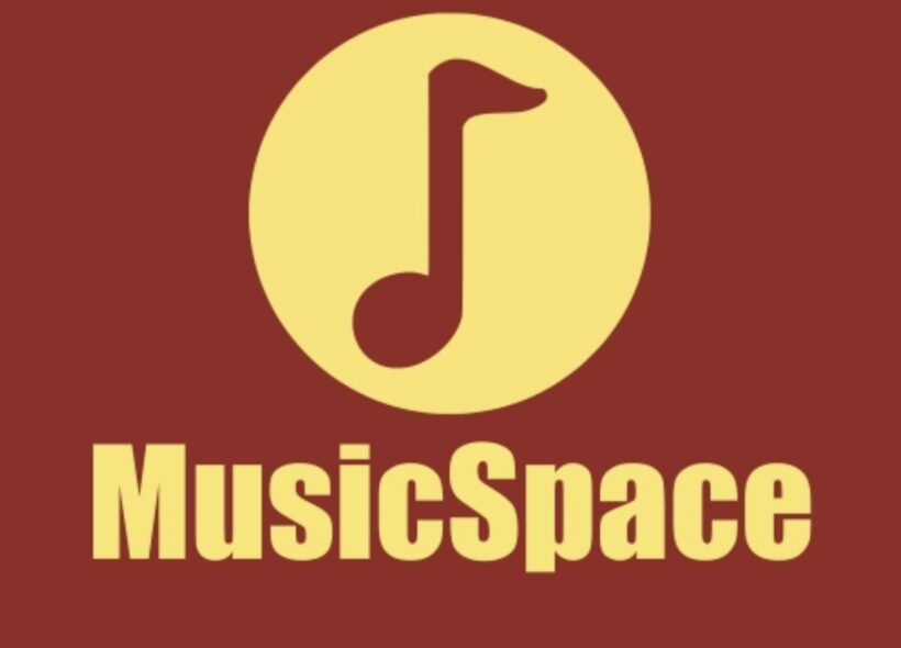 maroon square with a yellow music note in the centre with MusicSpace written underneath