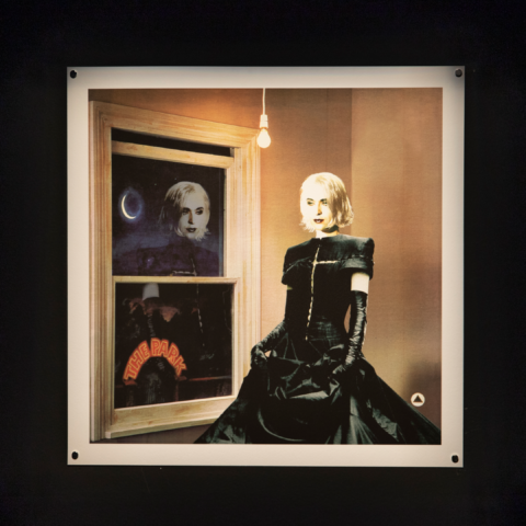 A woman in a black dress with black gloves and blonde hair is standing in front of a window, moonlight streaming in.