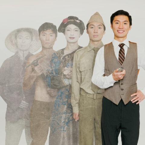 Five Chinese men stand in a line. The man at the front on the right is the most focal, with the men fading in clarity from right to left. They are each dressed to represent a different era of the man's life. 