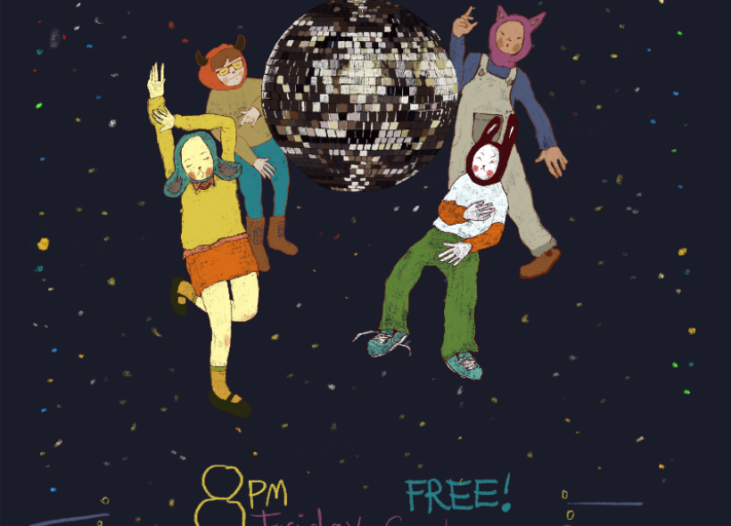 Illustration of four characters with animal hoods or hats on, dressed in 90s street wear, dancing around a disco ball. There is text above the illustration that reads 