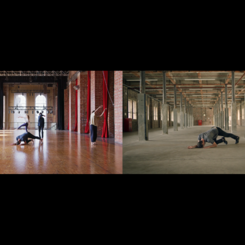 Two images, side by side, of a man crouched down on the floor. On the left, he is crouched down on a hardwood floor in a dance hall. On the right, he is crouched down on a concrete floor in an empty room.