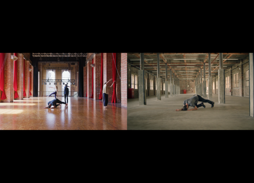 Two images, side by side, of a man crouched down on the floor. On the left, he is crouched down on a hardwood floor in a dance hall. On the right, he is crouched down on a concrete floor in an empty room.