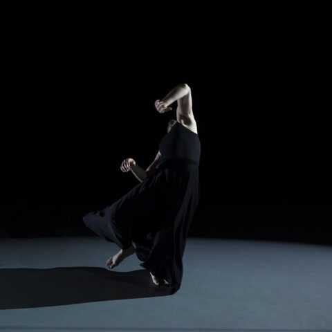 A dancer on a dark stage moves backwards with speed, both elbows and hands raised, wearing a black top and long black skirt of billowing material, casting a striking shadow across the stage.