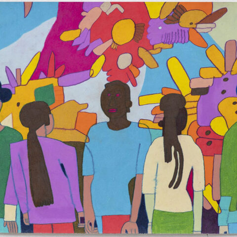 colourful abstract background with five people standing in front. Hand drawn by Anthony Romagnano
