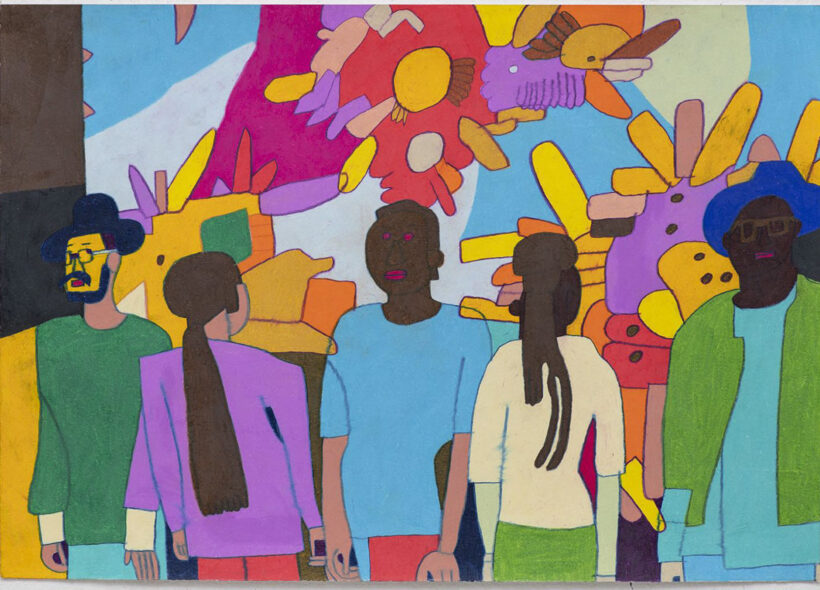 colourful abstract background with five people standing in front. Hand drawn by Anthony Romagnano