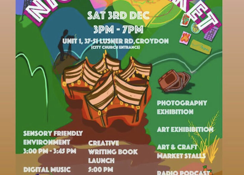 Poster with colourful circus tents on a green hilly background. Text reads YourDNA Night Market Sat 3rd Dec 3PM - 7PM. Events listed include Digital Music, Creative Writing Book Launch, Puppetry, Photography, Radio and Arts Exhibitions. 