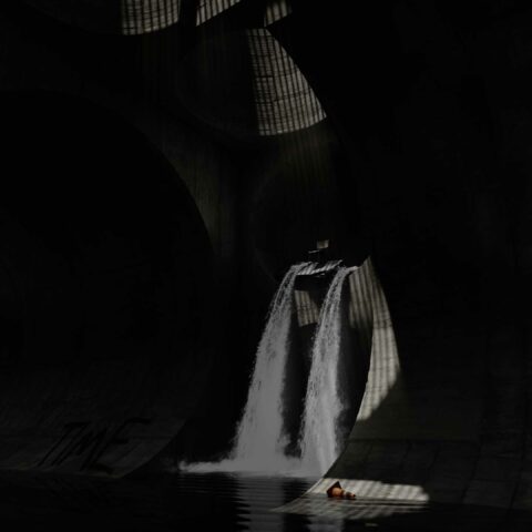 A computer-generated image of a waterfall in an underground sewer. The sewer appears to be clean.