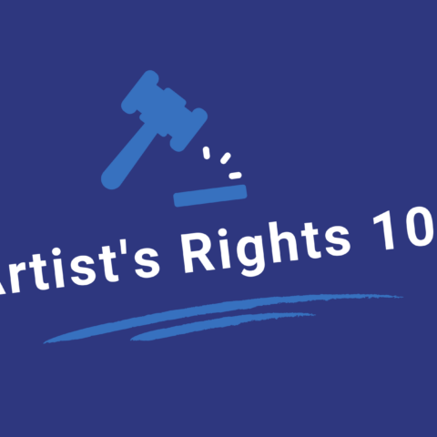 On a dark blue background, a light blue hammer and gavel cartoon appears above white text which reads: Artist’s Rights 101.