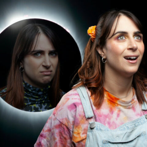 Ashley Apap looking off into the distance dressed in a tie-dye shirt and light blue overalls in front of an image of herself pulling a cranky face inside of an eclipse. 