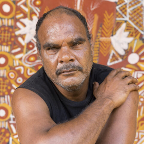 Close up portrait of Tiwi artist Johnathon World Peace Bush, positioned in front of one of his paintings made from locally sourced natural earth pigments. 