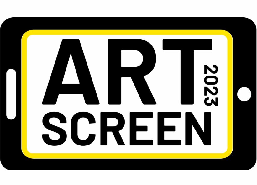 A black and white tablet with the text ARTSCREEN 2023 in a yellow border.