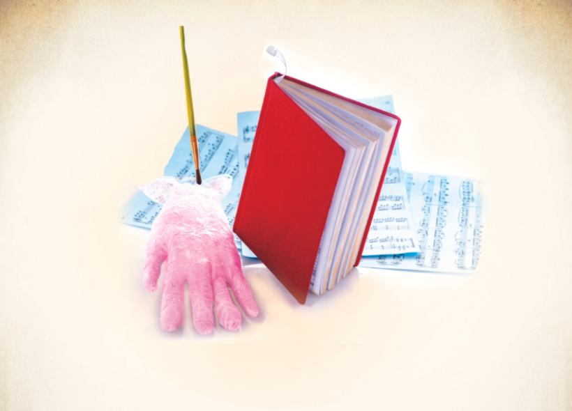Graphic of a book on top of blue sheet music and a pink glove.