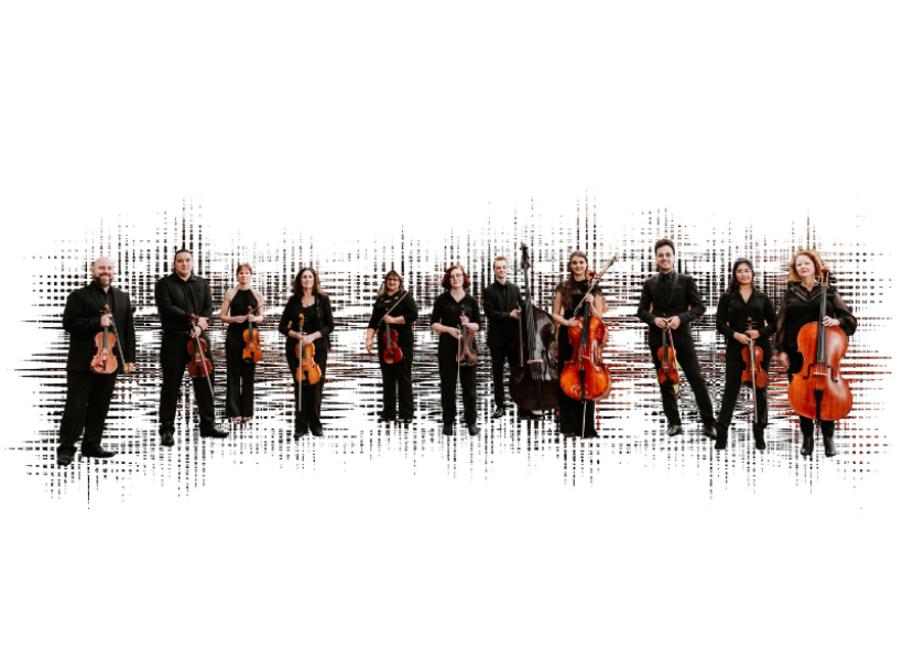Musicians holding stringed instruments, surrounded by black glitched texture on a white backdrop.