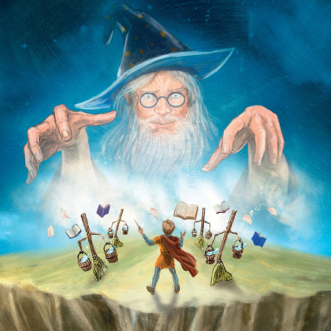 Illustration of a wizard in the clouds hovering his hands over a young wizard standing on land.