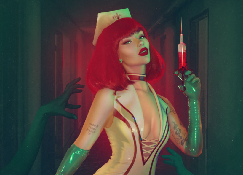 Woman with red hair in nurse's outfit holding a syringe full of red liquid