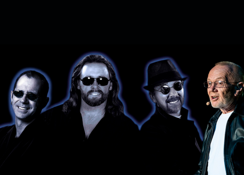 Colin “Smiley” Petersen and The Bee Gees in front of a black background.