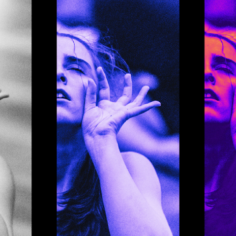 Pop art style three quadrant image of a girl dancing with hand beside her face
