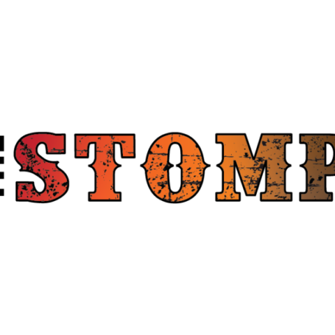 Logo for 'The Stomp' featuring bold, textured letters in gradient shades of red, orange, and brown with a distressed appearance.