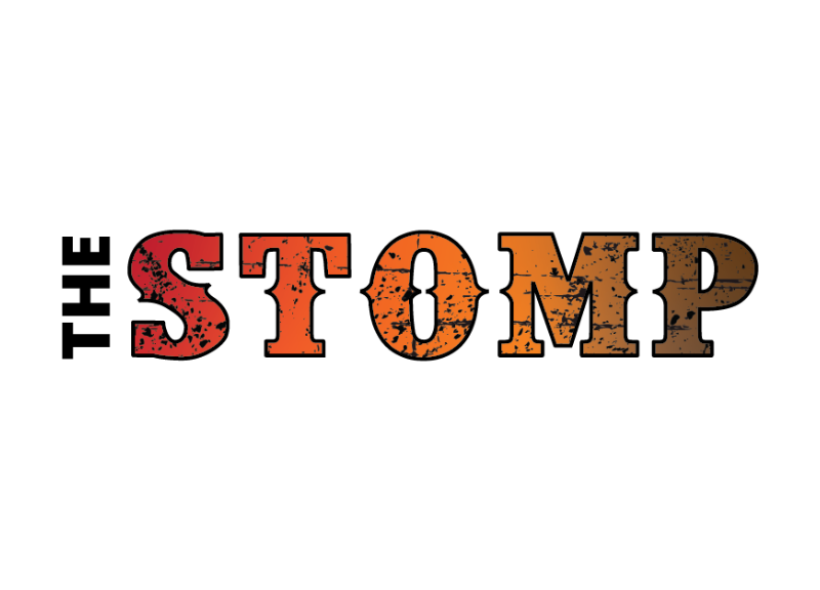 Logo for 'The Stomp' featuring bold, textured letters in gradient shades of red, orange, and brown with a distressed appearance.