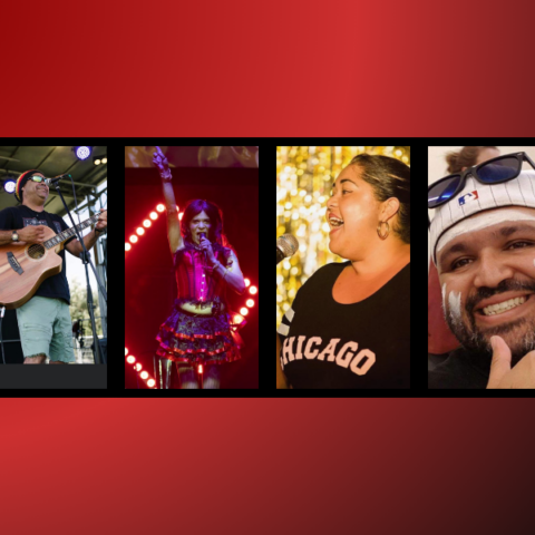 A collage of four images against a red background. The first shows a person playing an acoustic guitar on stage. The second features a person performing in colorful attire with a microphone. The third displays a person in a 