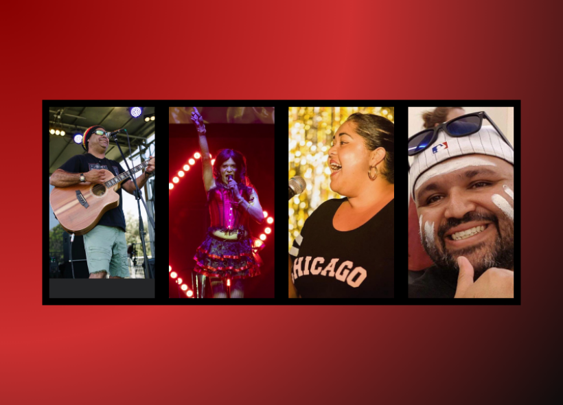 A collage of four images against a red background. The first shows a person playing an acoustic guitar on stage. The second features a person performing in colorful attire with a microphone. The third displays a person in a 