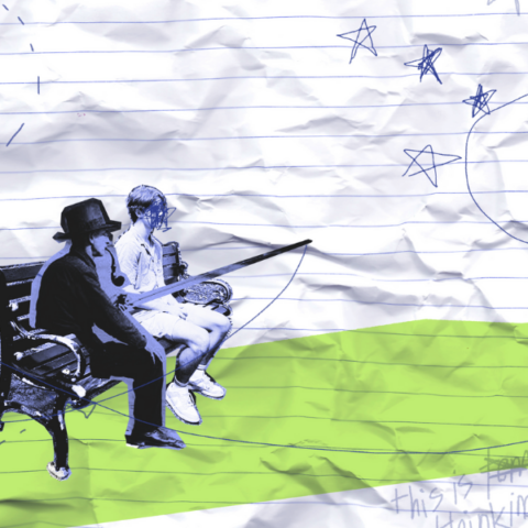 Hand-drawn image of two people sitting on a lawn bench.