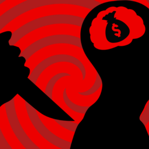 A silhouette of a person with a dollar sign inside their brain is seen against a red, spiral-patterned background. A hand holding a knife is poised behind the silhouette, suggesting a threatening or dangerous situation.