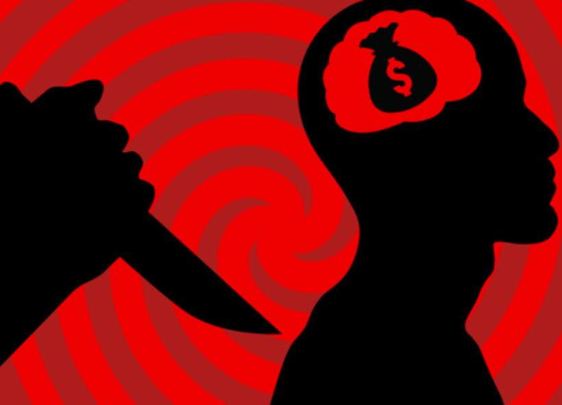 A silhouette of a person with a dollar sign inside their brain is seen against a red, spiral-patterned background. A hand holding a knife is poised behind the silhouette, suggesting a threatening or dangerous situation.