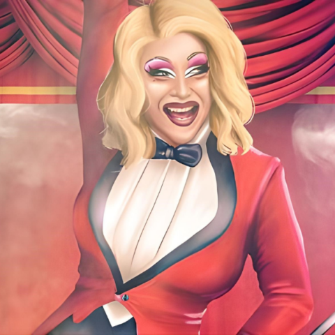 Painted image of a drag performer with blonde hair in a red tuxedo