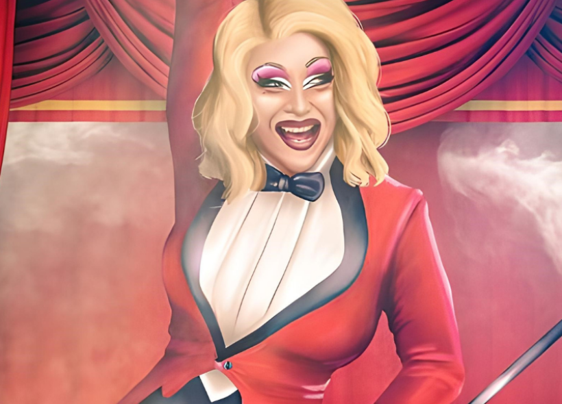 Painted image of a drag performer with blonde hair in a red tuxedo