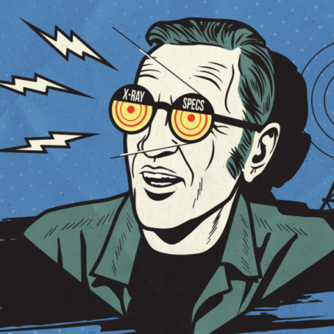 A retro comic-style illustration of a man wearing glasses labeled 