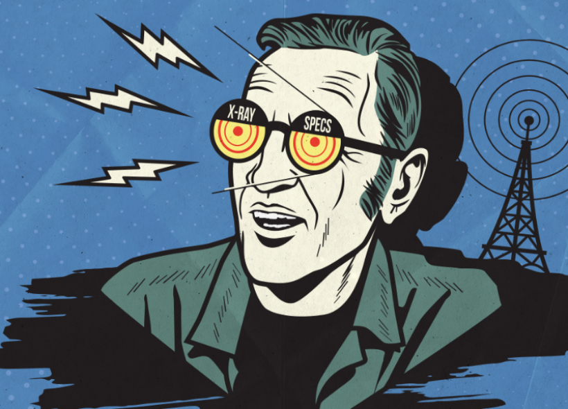 A retro comic-style illustration of a man wearing glasses labeled 