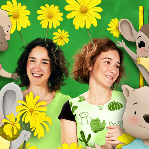 Two women surrounded by animated animals and yellow flowers.