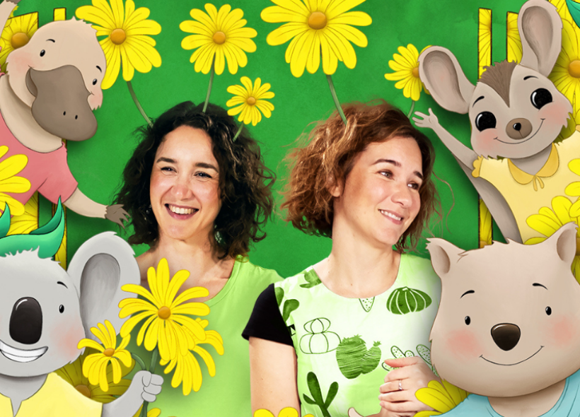 Two women surrounded by animated animals and yellow flowers.