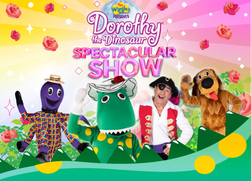 Colorful Wiggles show banner featuring characters Henry the Octopus, Dorothy the Dinosaur, Captain Feathersword, and Wags the Dog in front of a whimsical background with flowers and hills.