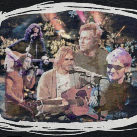 A collage-style image of five musicians playing acoustic guitars against a colorful, abstract background. The image features Chris Cornell, Eddie Vedder, Kurt Cobain, Layne Staley, and Scott Weiland, with a white, hand-drawn border framing the scene.