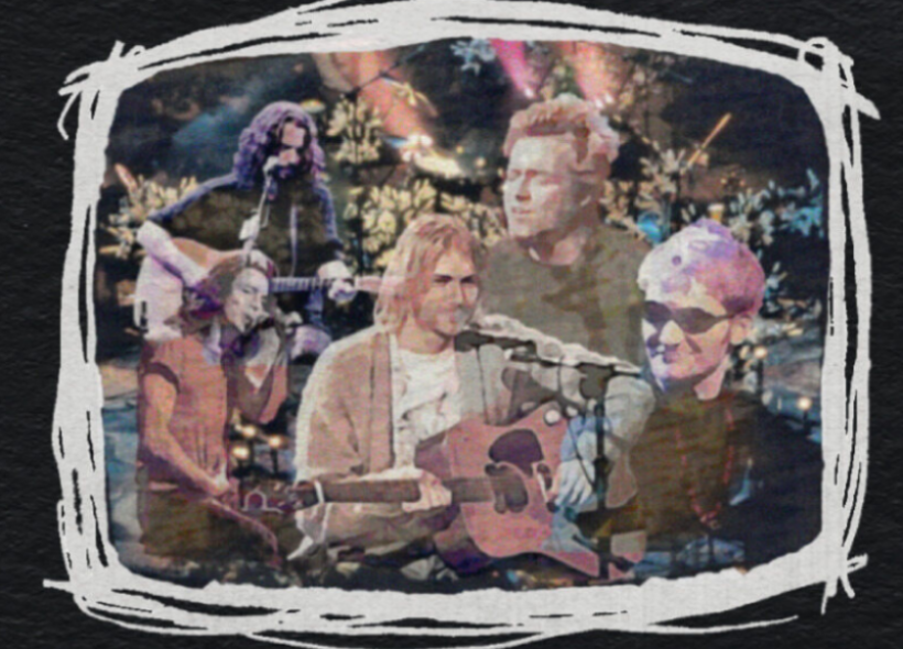 A collage-style image of five musicians playing acoustic guitars against a colorful, abstract background. The image features Chris Cornell, Eddie Vedder, Kurt Cobain, Layne Staley, and Scott Weiland, with a white, hand-drawn border framing the scene.