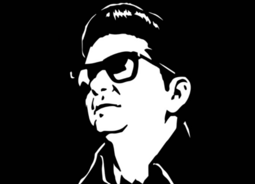 Black and white stylized illustration of a man with slicked-back hair wearing black sunglasses, a collared shirt, and a serious expression against a black background.