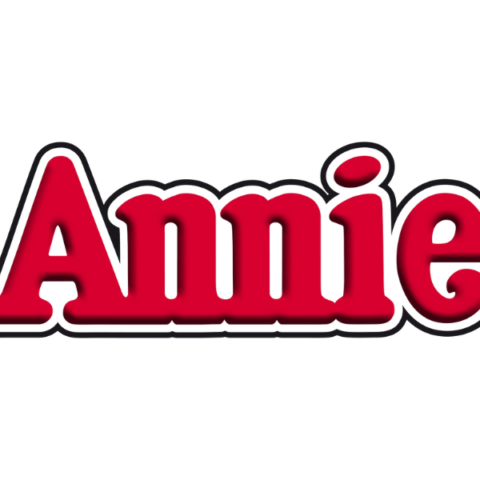 Red text logo of the play Annie.