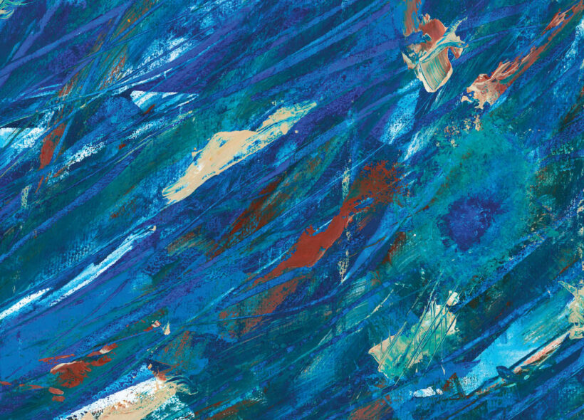 A painting with broad brush strokes sweep up in a diagonal from the bottom left of the image, primarily in mid-blue with flecks of cream, brown and darker blue. 