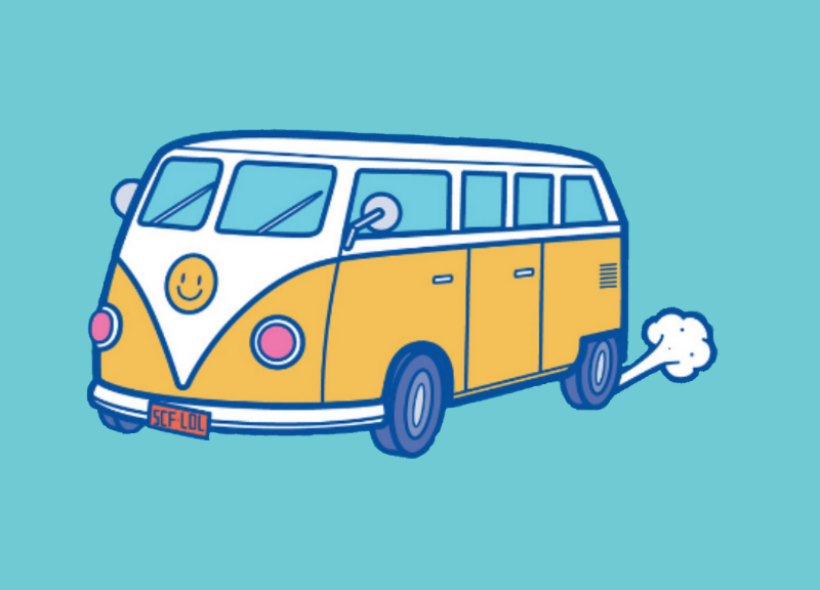 Yellow van on a blue background.
