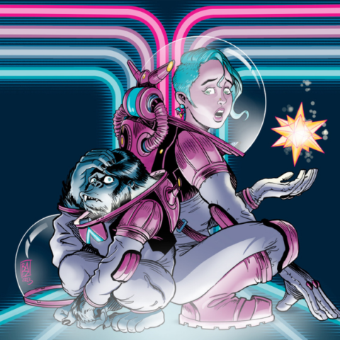 Computer animated image of a woman and a monkey in spacesuits.