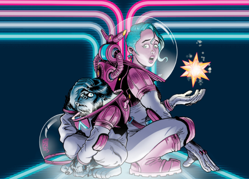 Computer animated image of a woman and a monkey in spacesuits.