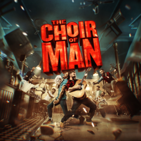 A lively scene in a bar shows two men in the foreground, one singing into a mop handle and the other playing an acoustic guitar. Text reads 