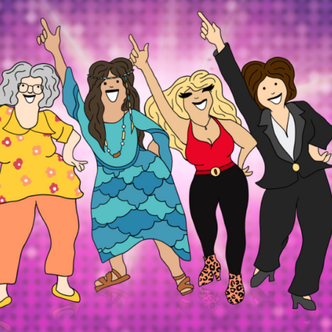 Four women dressed in colorful and eclectic outfits dance joyfully with one arm raised against a vibrant purple backdrop.