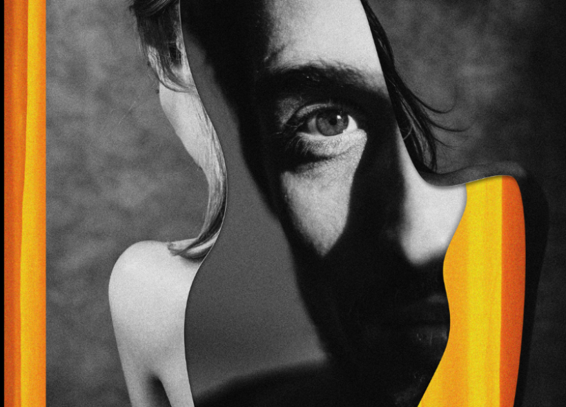 A black-and-white abstract portrait featuring a man’s face partially blended with a distorted outline of a human form, accented by bold orange-yellow streaks