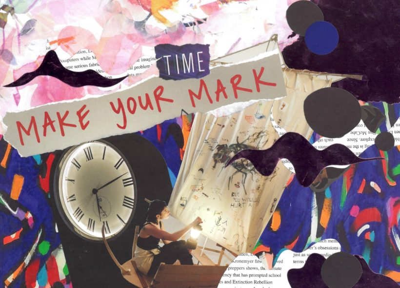A colourful collage, a person is in a wooden boat holding a lantern. Text reads, Time. Make Your Mark.