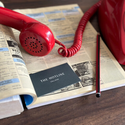 The receiver and cord for a red rotary phone lies on top of an open Yellow Pages. A pencil and a plain green business card also sits on the page. The card reads: The Hotline. Call now.